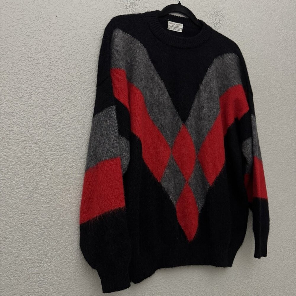 100% Alpaca Sweater Black Red Gray Argyle Peru Knit Pullover Danna Sonko - Picture 5 of 10